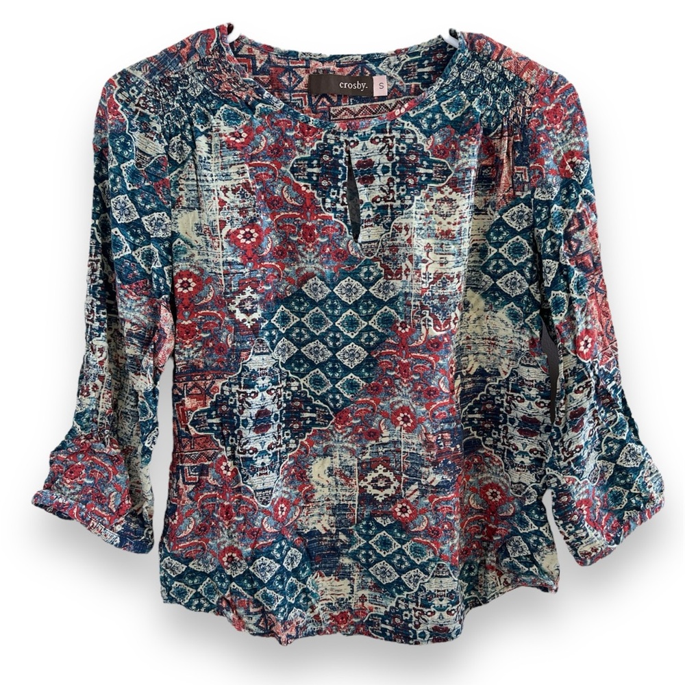 crosby. Bohemian Rustic Boho Paisley Pattern 3/4 Sleeve Keyhole Blouse Size Sm